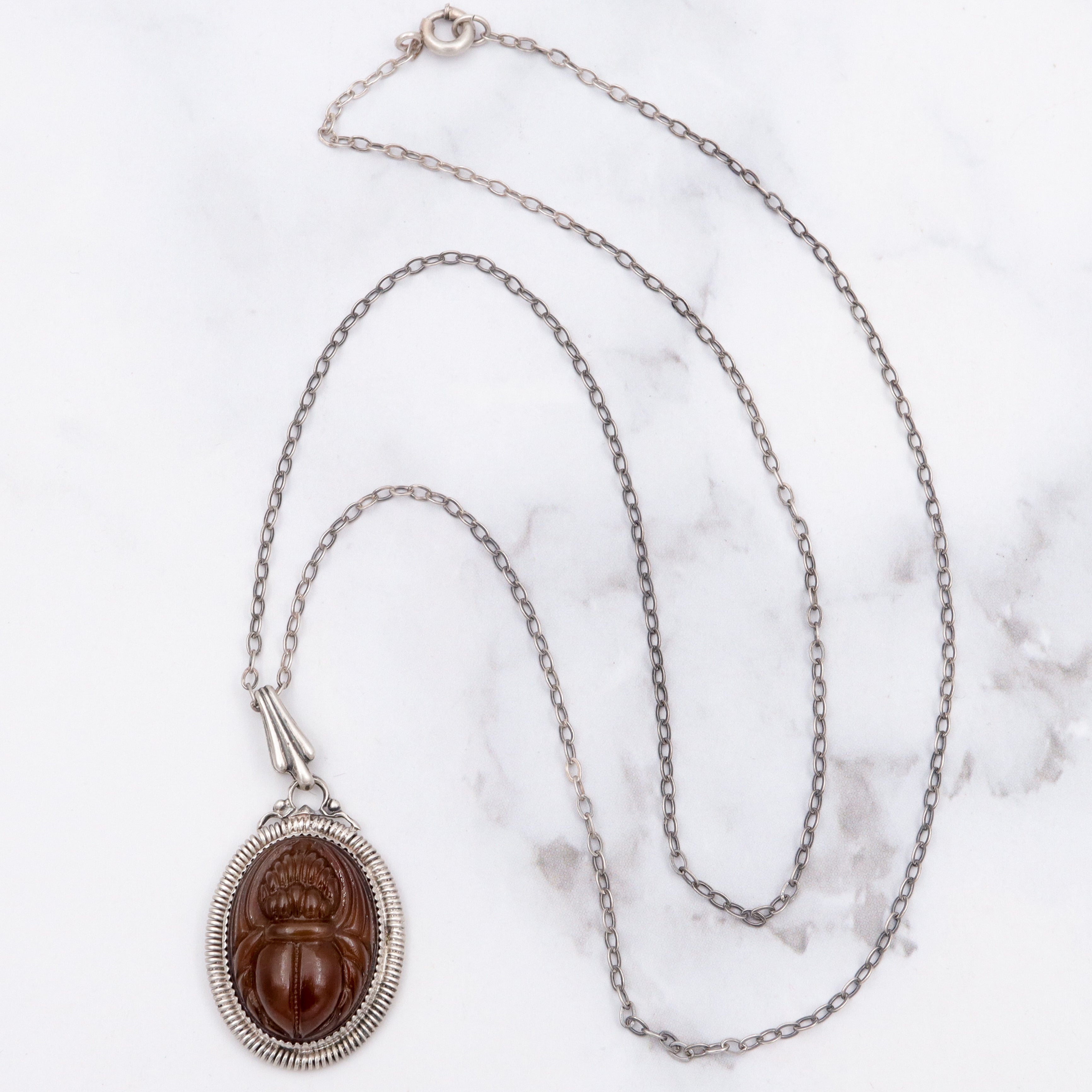 Antique Victorian sterling & brown slag glass scarab necklace